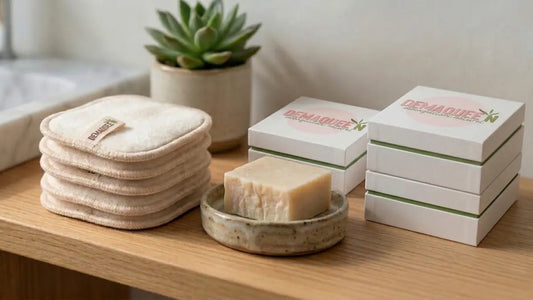 Pile de pads démaquillants réutilisables Demaquee'N en chanvre et bambou, propres et secs, empilés sur une étagère de salle de bain en bois minimaliste avec un savon artisanal.