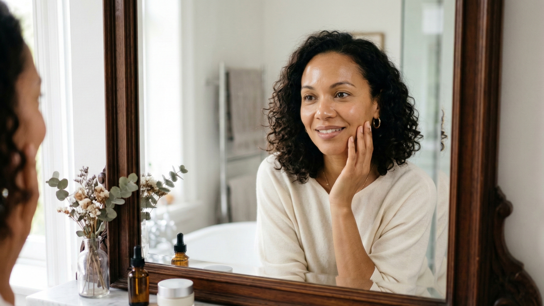 Femme avec peau mixte montrant une zone T brillante et des joues nécessitant un démaquillage doux et équilibrant.