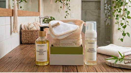 Plan large format bannière : produits de soin naturels et accessoires de démaquillage écologiques posés dans une salle de bain lumineuse, rituel de soin apaisant.