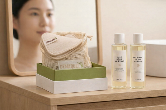 Coffret de pads démaquillants lavables carrés Demaquee'N dans une salle de bain moderne, rituel japonais.