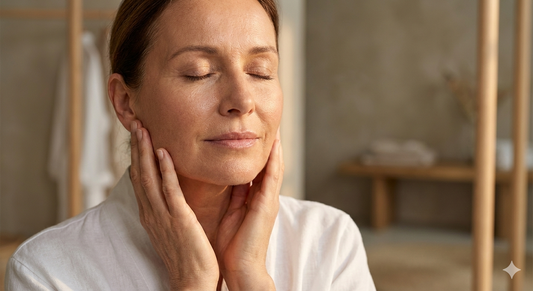 Femme à la peau mature et lumineuse pratiquant un soin du visage bien-être, routine démaquillage anti-âge.