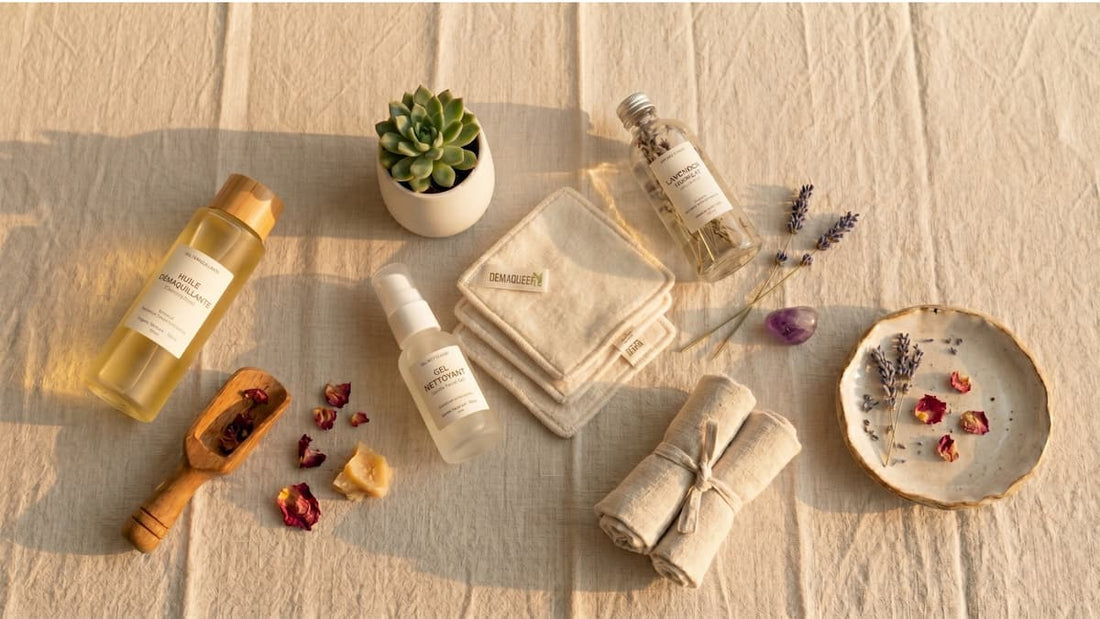 Flatlay d'une routine beauté green du soir minimaliste avec des pads démaquillants réutilisables Demaquee'N en chanvre, une huile végétale de soin et un hydrolat de lavande bio sur un fond en lin beige.