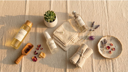 Flatlay d'une routine beauté green du soir minimaliste avec des pads démaquillants réutilisables Demaquee'N en chanvre, une huile végétale de soin et un hydrolat de lavande bio sur un fond en lin beige.