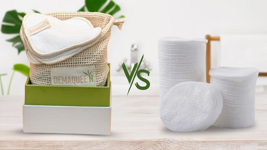 Coton démaquillant jetable contre pad lavable en fibre naturelle dans un duel éco-responsable.
