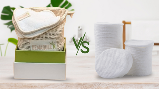 Coton démaquillant jetable contre pad lavable en fibre naturelle dans un duel éco-responsable.