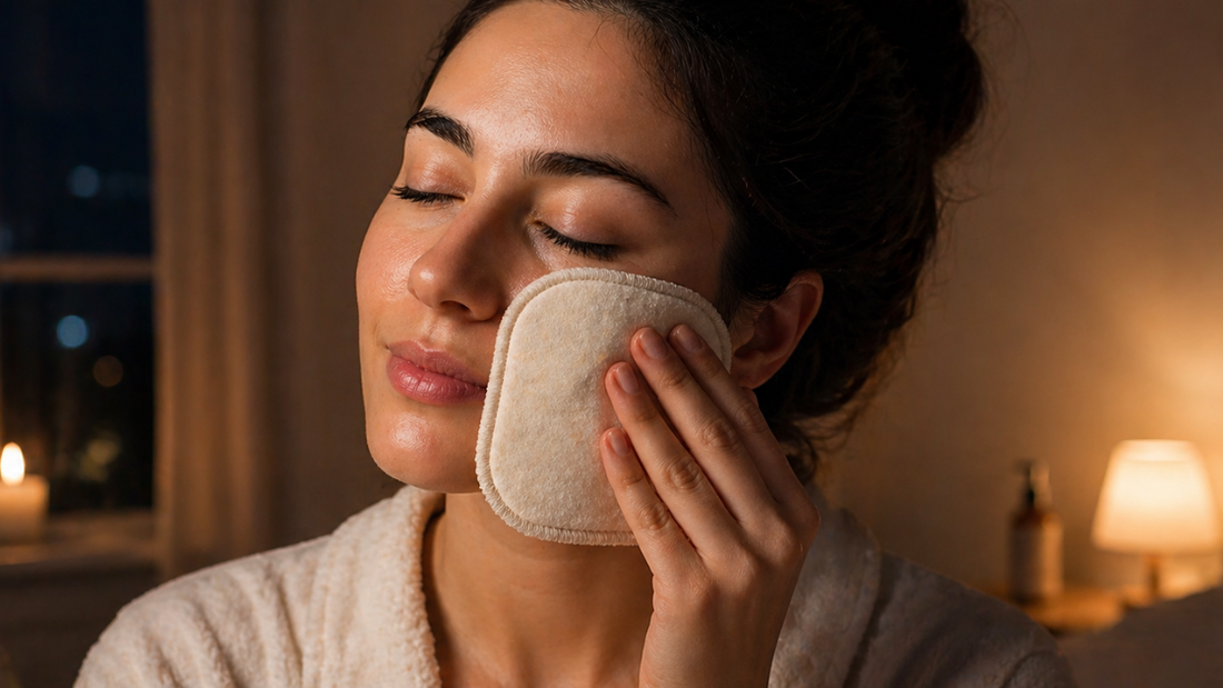 Gros plan photoréaliste d'une femme se démaquillant délicatement la joue avec un pad réutilisable Demaquee'N en chanvre et bambou, initiant la régénération nocturne de sa peau saine.