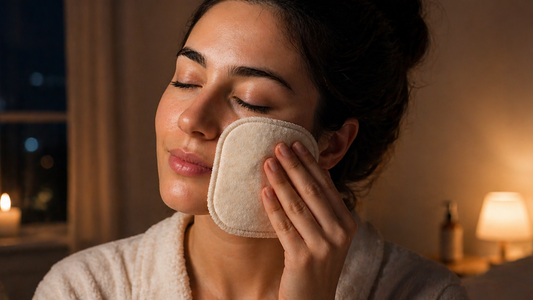 Femme souriante en pyjama se démaquillant rapidement avec un grand pad lavable Demaquee'N, ambiance tamisée de soir.