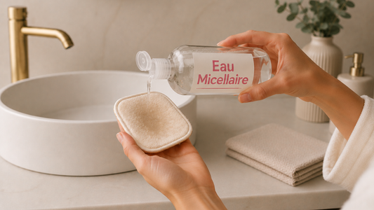 Une main verse de l’eau micellaire sur un pad démaquillant réutilisable Demaquee'N dans une salle de bain minimaliste et chic, avec une bouteille transparente marquée ‘Eau Micellaire’ visible au premier plan.