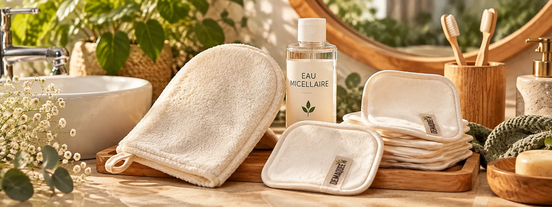 Gant de toilette doux et pads démaquillants lavables DEMAQUEE'N avec eau micellaire