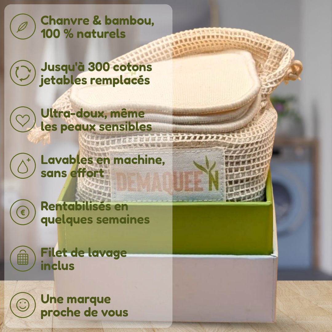 Coffret de cotons démaquillants lavables en chanvre Demaquee'N : naturels, doux, lavables en machine, filet inclus